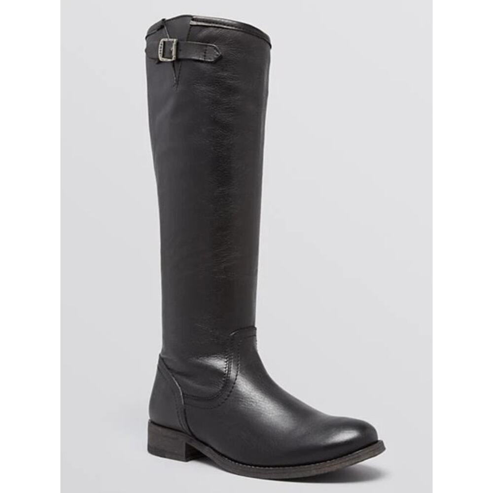 Frye Black Leather Tall Riding Boots Buckle Back Zip Size 7.5B